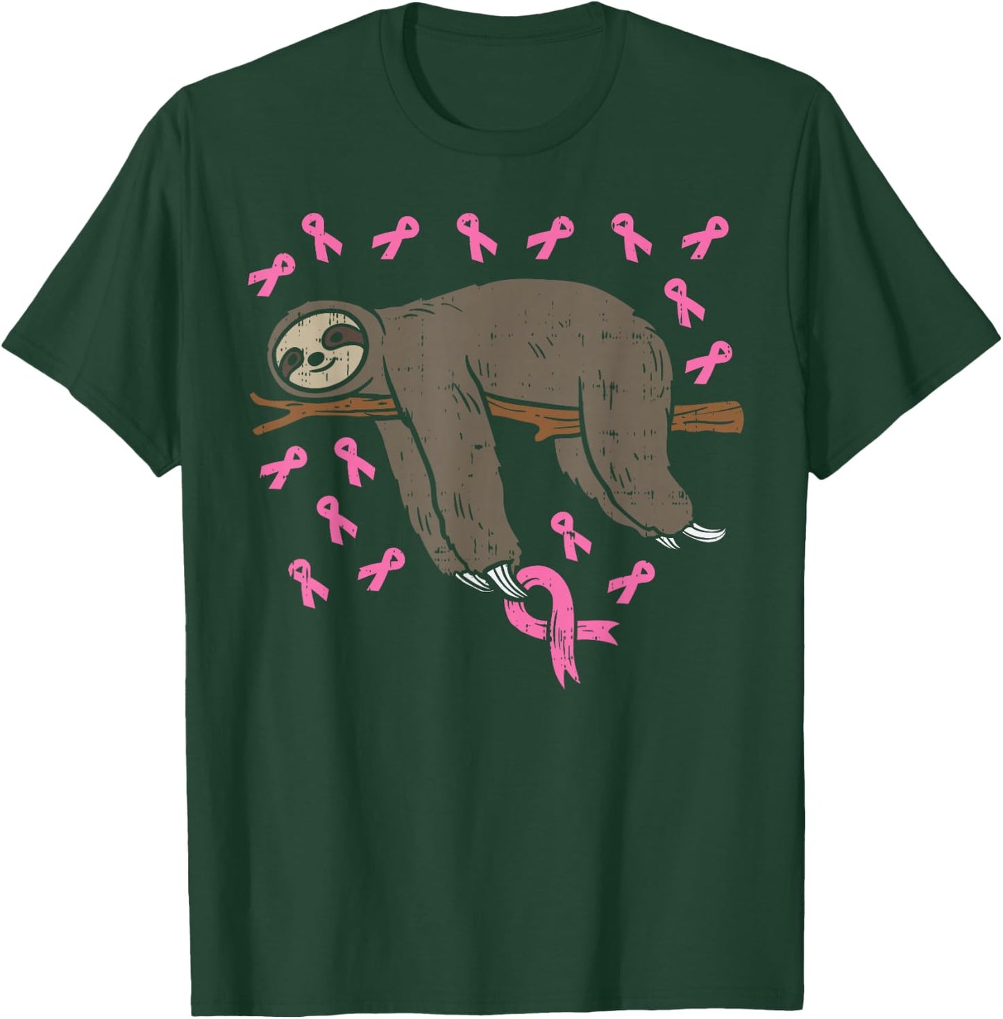 Lazy Sloth Pink Ribbon Breast Cancer Awareness Support Gift T-Shirt - T-Shirt | Forest