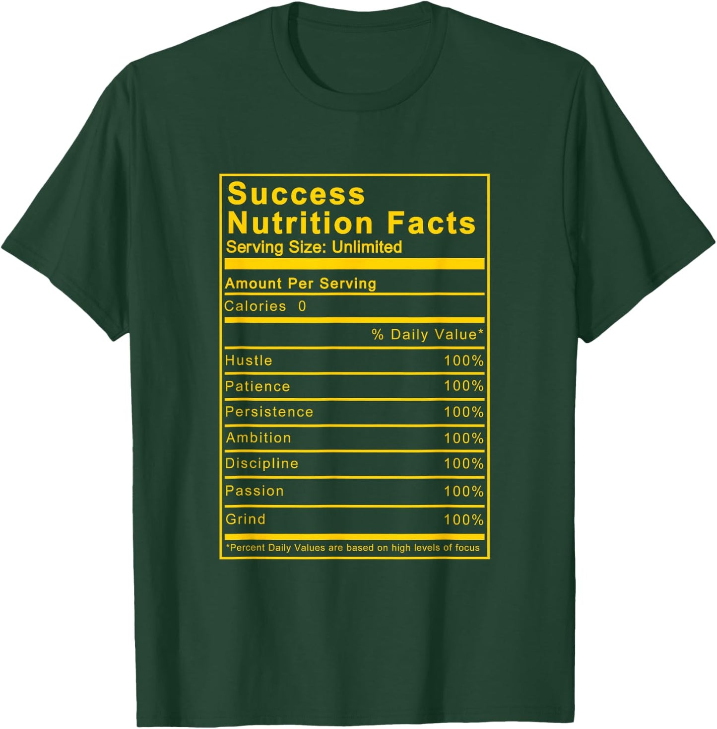 University Gold Success Nutrition Facts Label Black Sneakers T-Shirt - T-Shirt | Forest