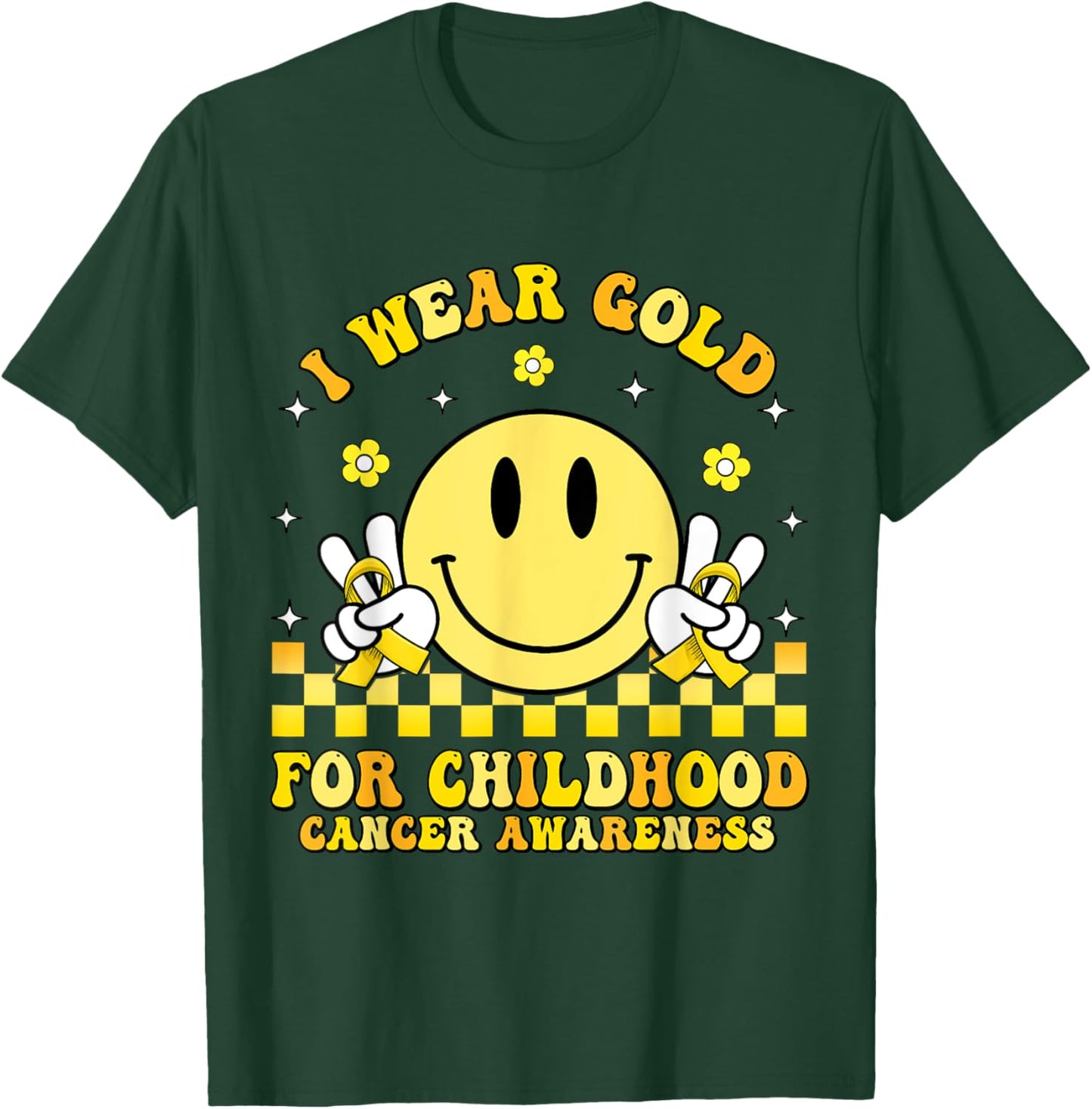 Groovy Retro Smile Face I Wear Gold For Childhood Cancer T-Shirt - T-Shirt | Forest