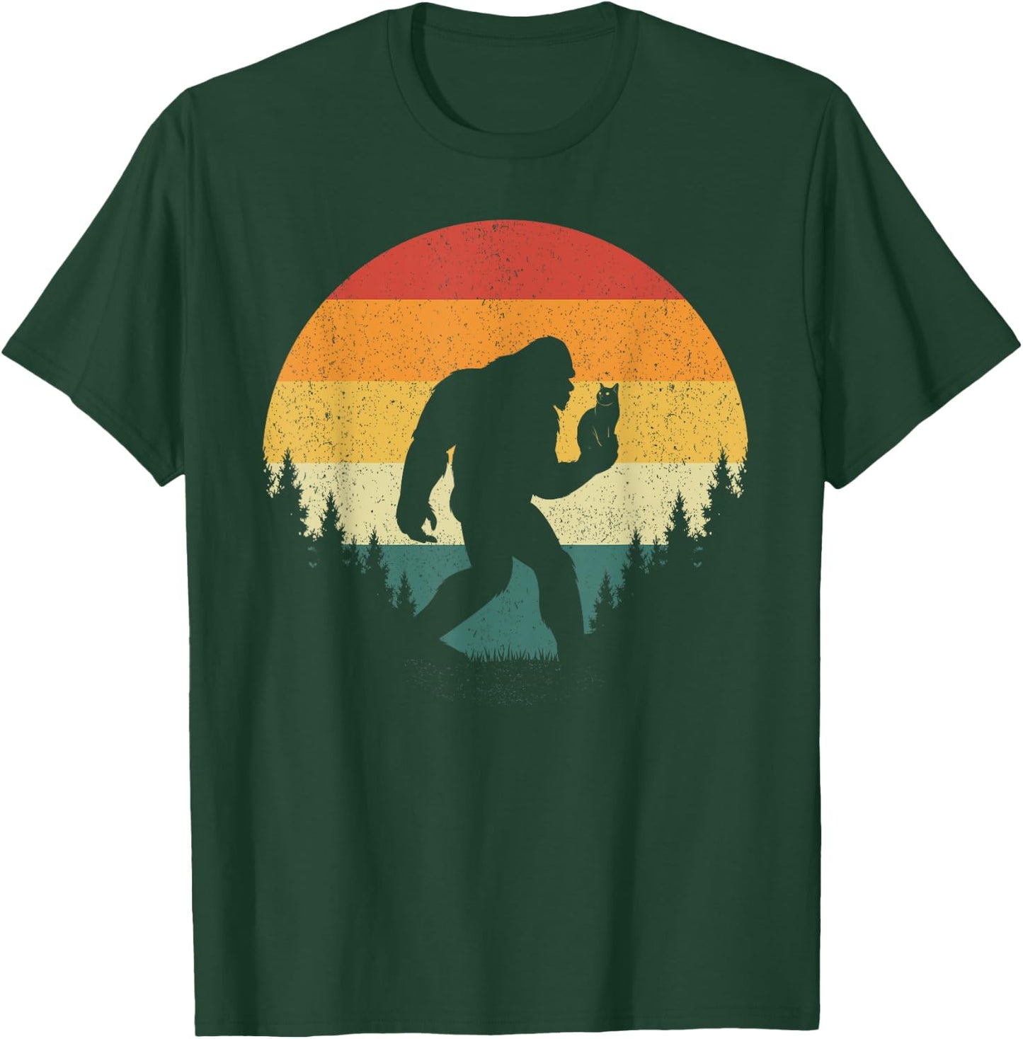 Bigfoot Holding Cat Funny Sasquatch Retro Vintage Sunset 80s Men Women Kids T-Shirt - T-Shirt | Forest