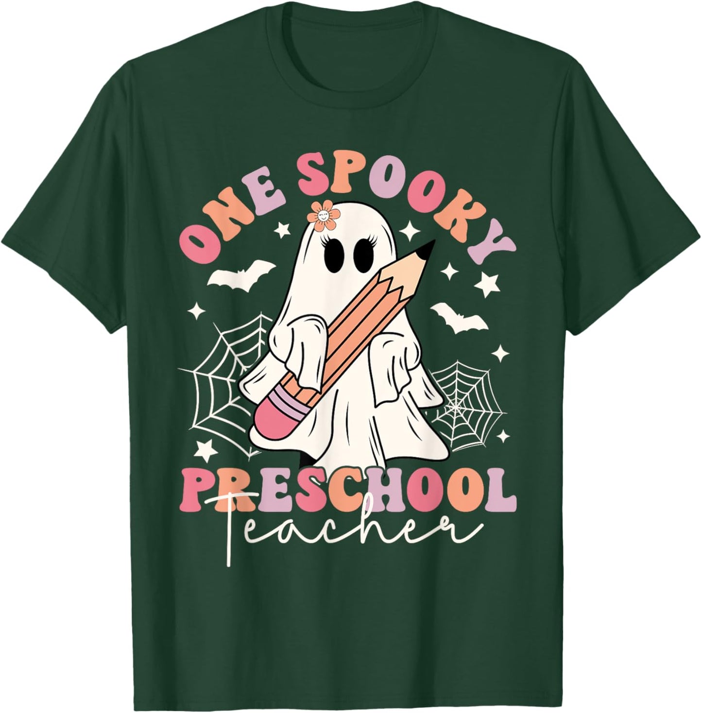 One Spooky Preschool Teacher Ghost Retro Halloween 2024 T-Shirt - T-Shirt | Forest