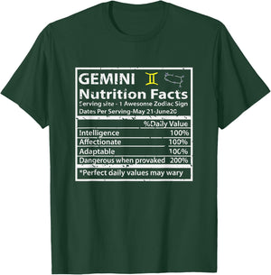 Gemini Nutrition Facts Zodiac Sign T-Shirt - T-Shirt | Forest