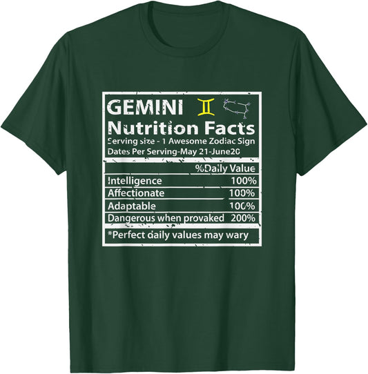 Gemini Nutrition Facts Zodiac Sign T-Shirt - T-Shirt | Forest
