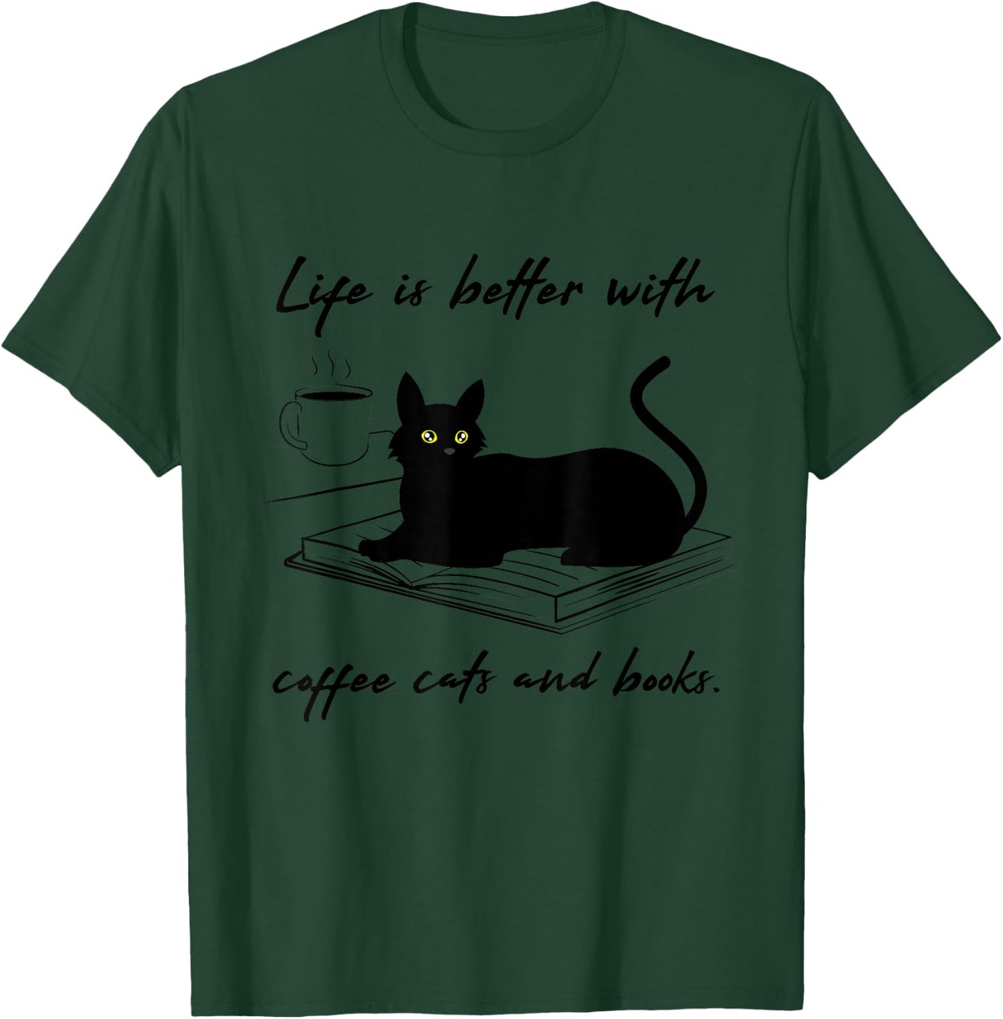Coffe, Cats and Reading Books Ironic T-Shirt - T-Shirt | Forest