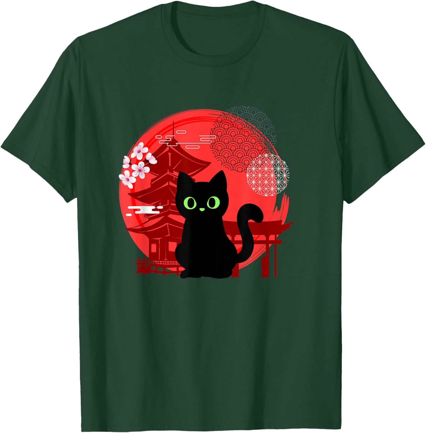 Japanese Cat Silhouette Flower Kitten Anime Lover Cat T-Shirt - T-Shirt | Forest