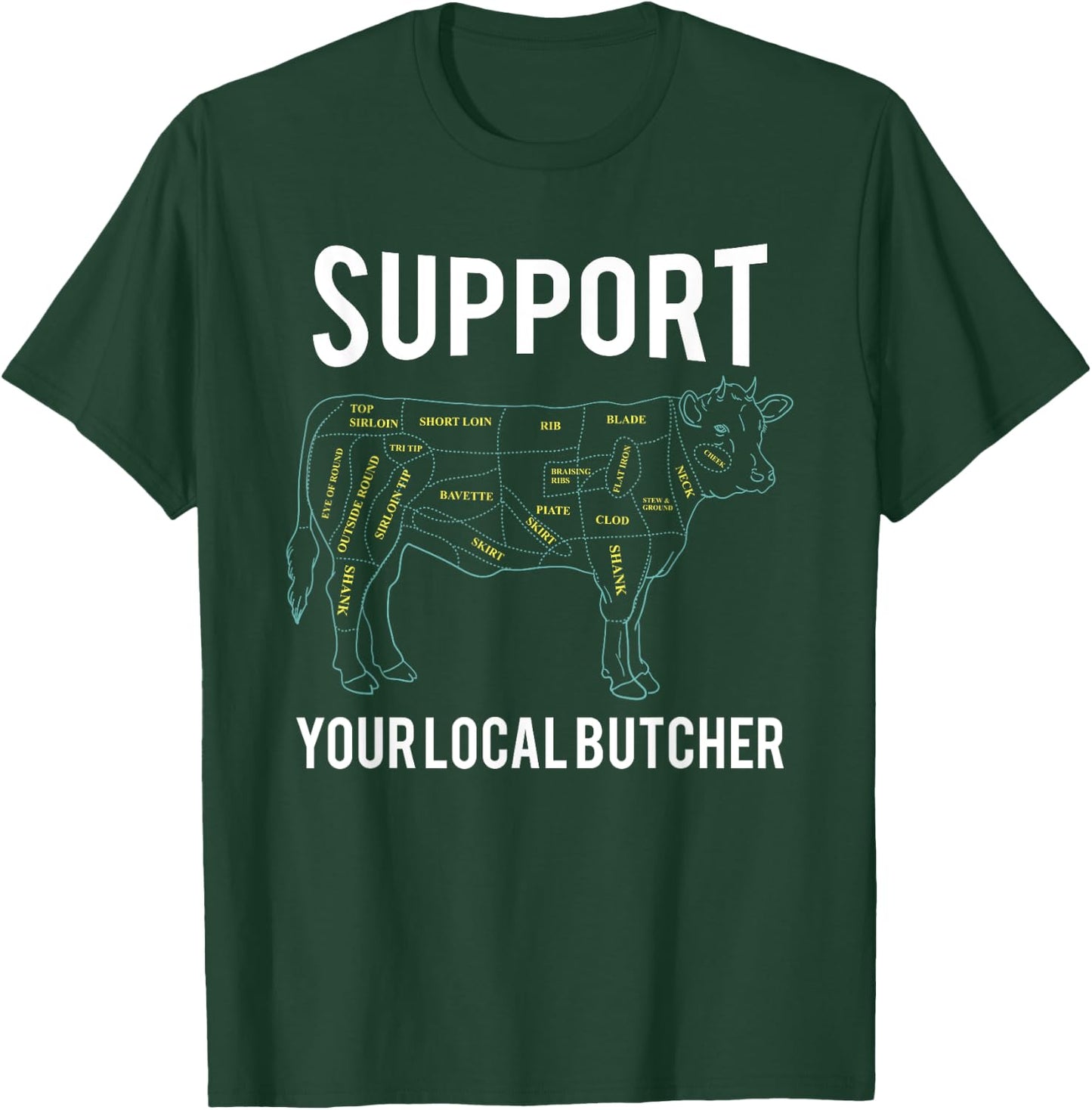 Cow Butcher Beef Cuts Diagram - Support Your Local Butcher T-Shirt - T-Shirt | Forest