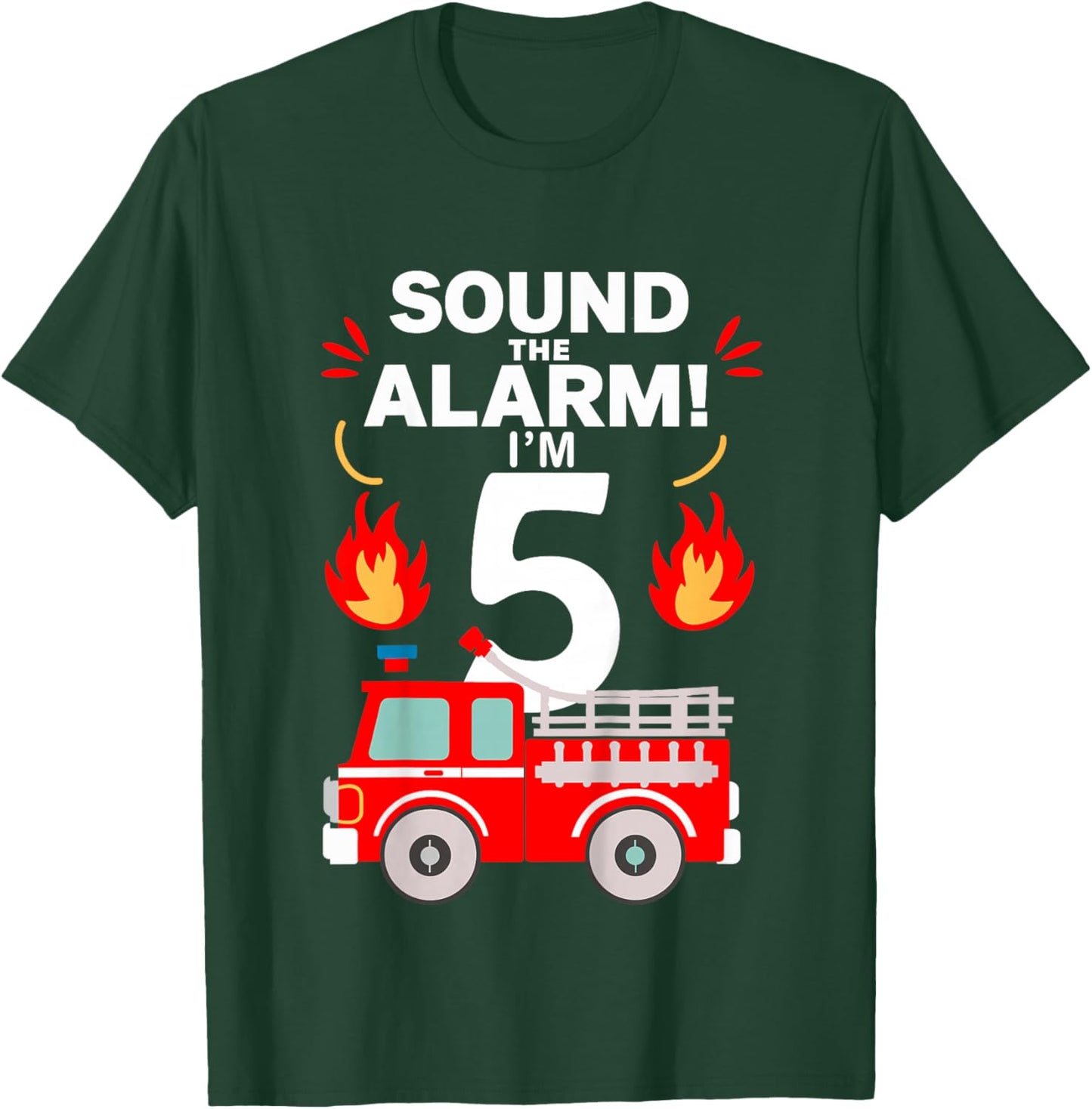 Kids 5th Birthday Fire Truck 5 Year Old Birthday Boy Firefighter T-Shirt - T-Shirt | Forest