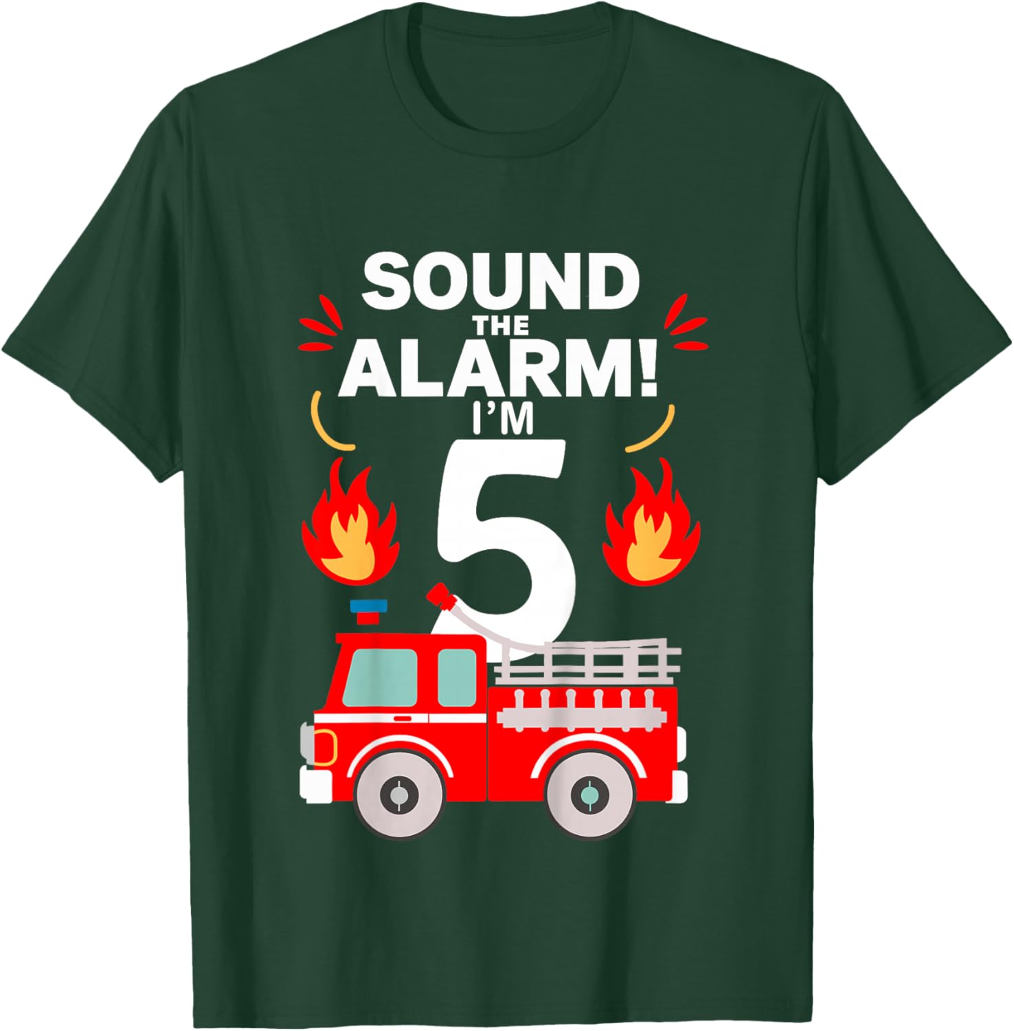 Kids 5th Birthday Fire Truck 5 Year Old Birthday Boy Firefighter T-Shirt - T-Shirt | Forest
