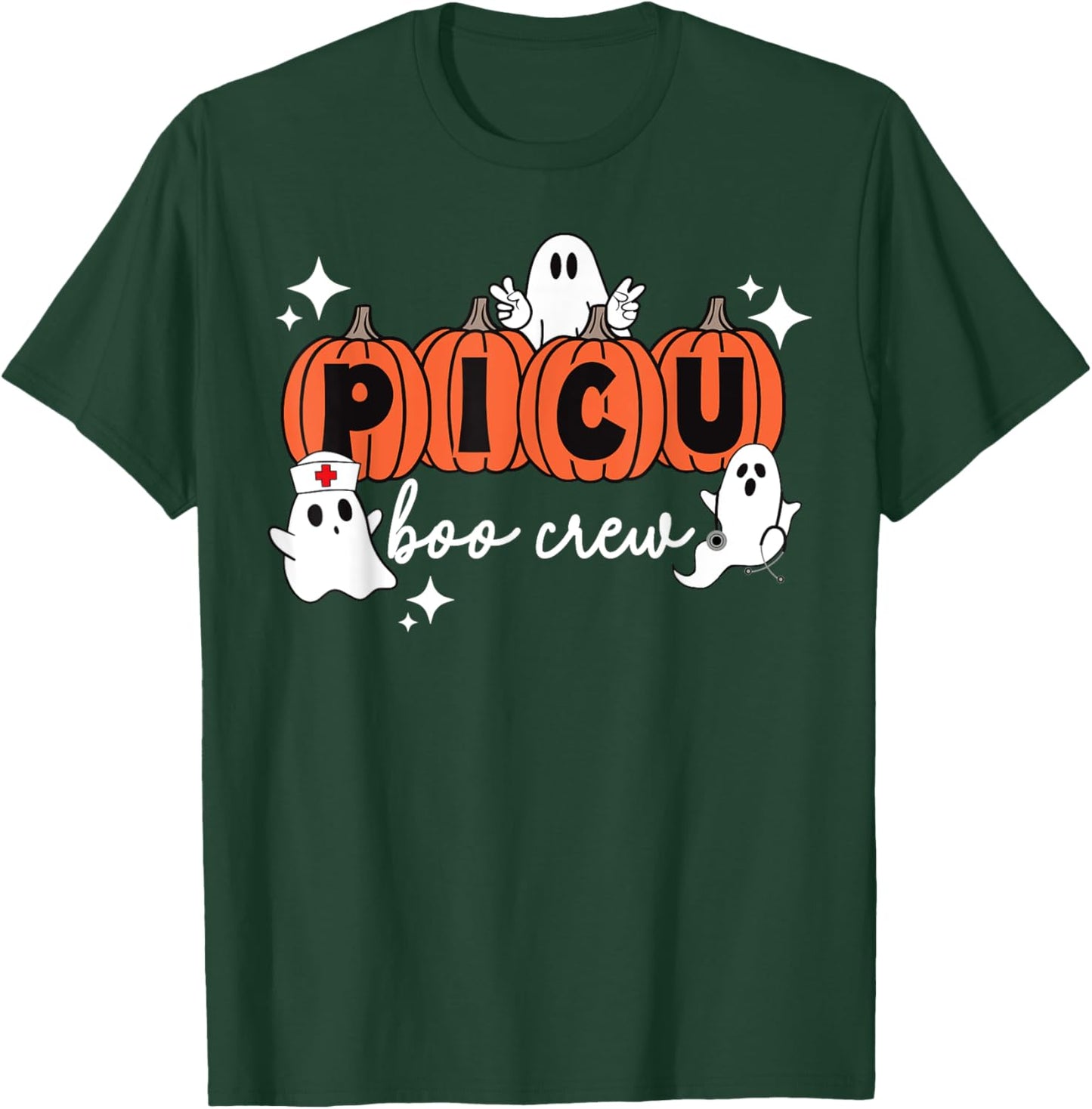 PICU Boo Crew Pumpkin Ghost Pediatric ICU Nurse Halloween T-Shirt - T-Shirt | Forest