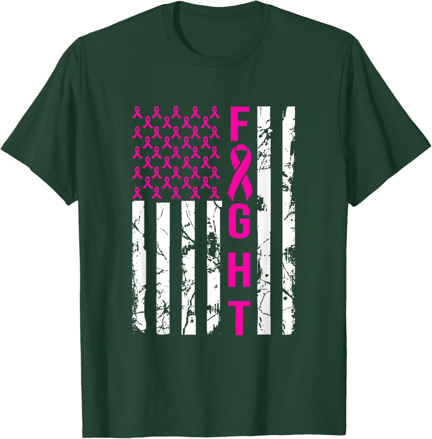 Breast Cancer Awareness FIGHT American Flag Pink Ribbon Women Men T-Shirt - T-Shirt | Forest