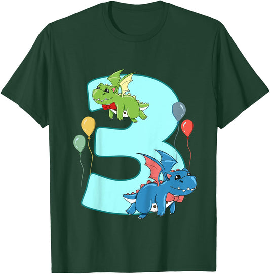 Kids 3th Birthday Party Funny Kids Boys 3 Years Old Dragon Lover T-Shirt - T-Shirt | Forest