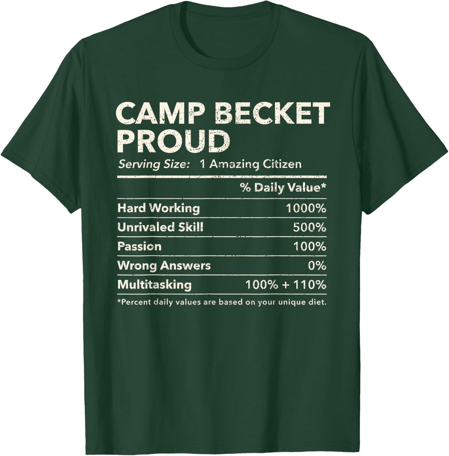 Camp Becket, Massachusetts Proud Nutrition Facts T-Shirt - T-Shirt | Forest
