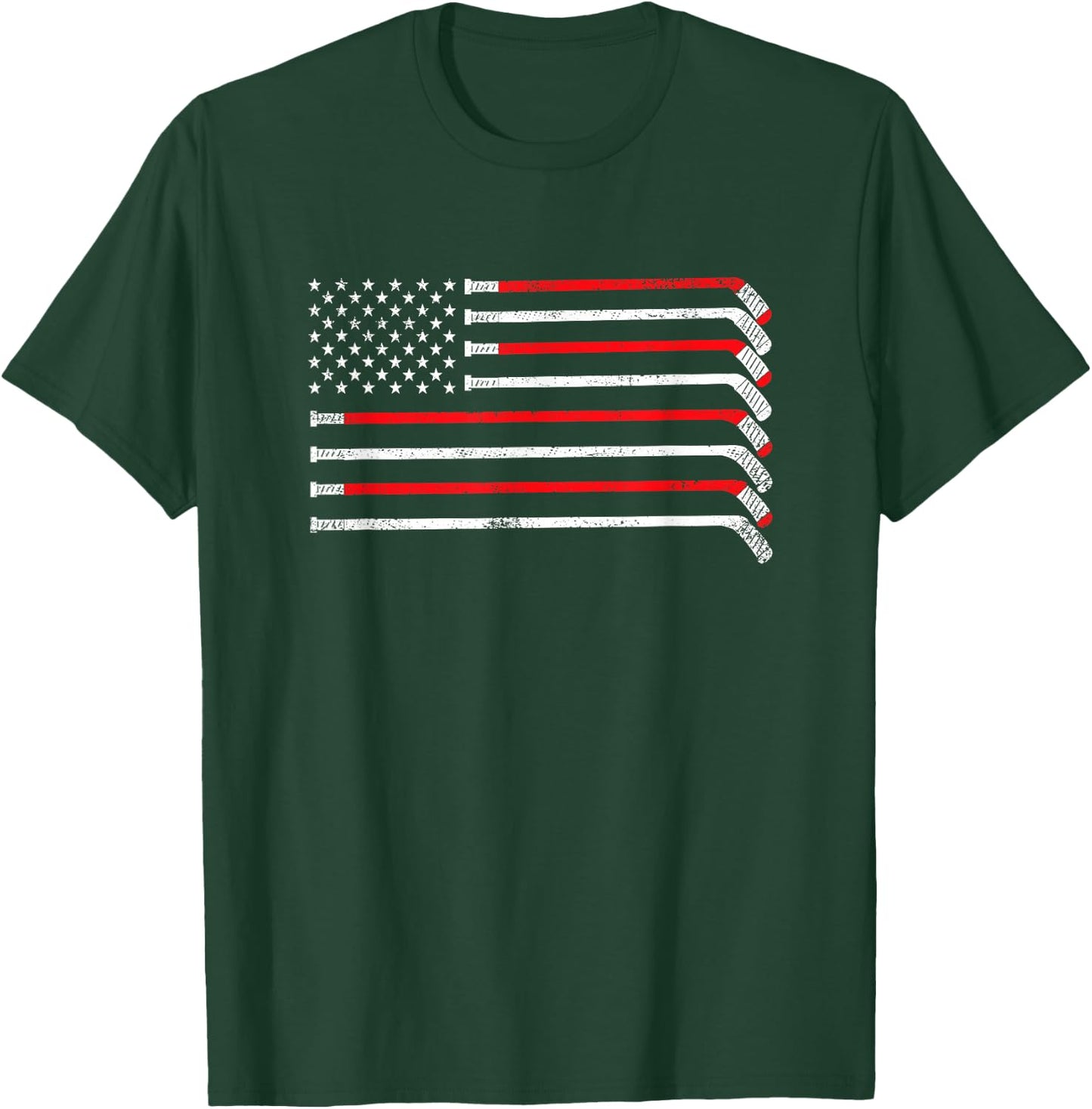 Hockey Stick USA Flag Faded Hockey Player T-Shirt - T-Shirt | Forest