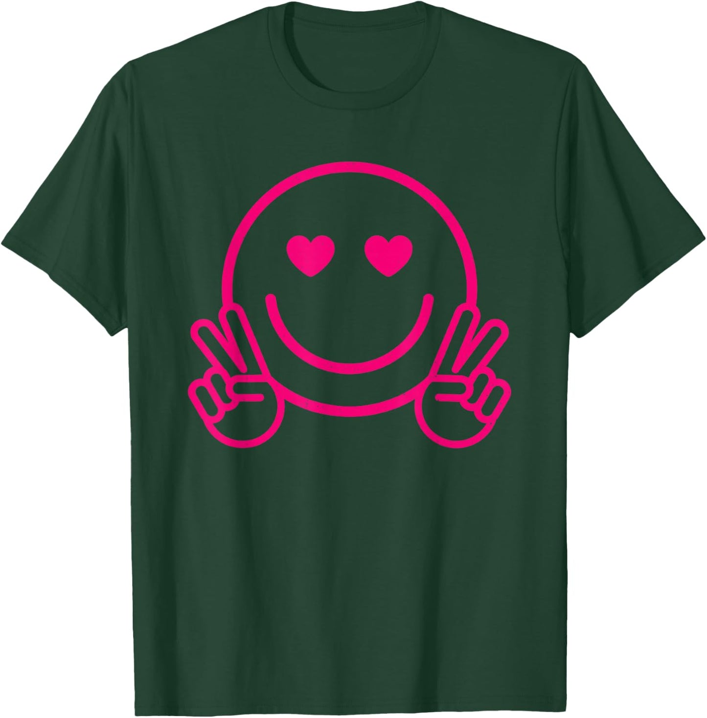 Pink Love Heart Eyes Smile Face Funny Peace Hand Happy Face T-Shirt - T-Shirt | Forest