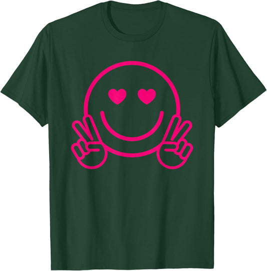 Pink Love Heart Eyes Smile Face Funny Peace Hand Happy Face T-Shirt - T-Shirt | Forest