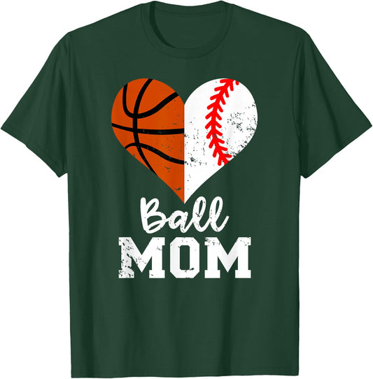Ball Mom Heart Funny Baseball Basketball Mom T-Shirt - T-Shirt | Forest