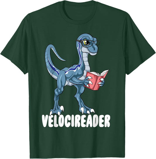 Velocireader Velociraptor Dinosaur Reading Book Lovers T-Shirt - T-Shirt | Forest