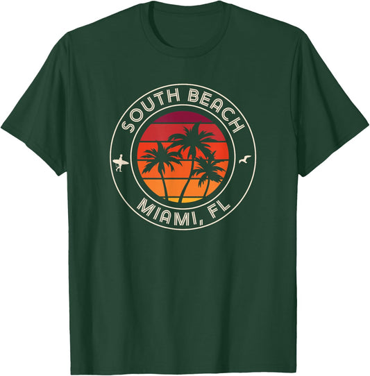 Miami Sunset Surfer and Seagull South Beach T-Shirt - T-Shirt | Forest