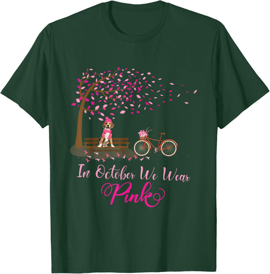 In October We Wear Pink Beagle Fall Leaves Breast Cancer T-Shirt - T-Shirt | Forest