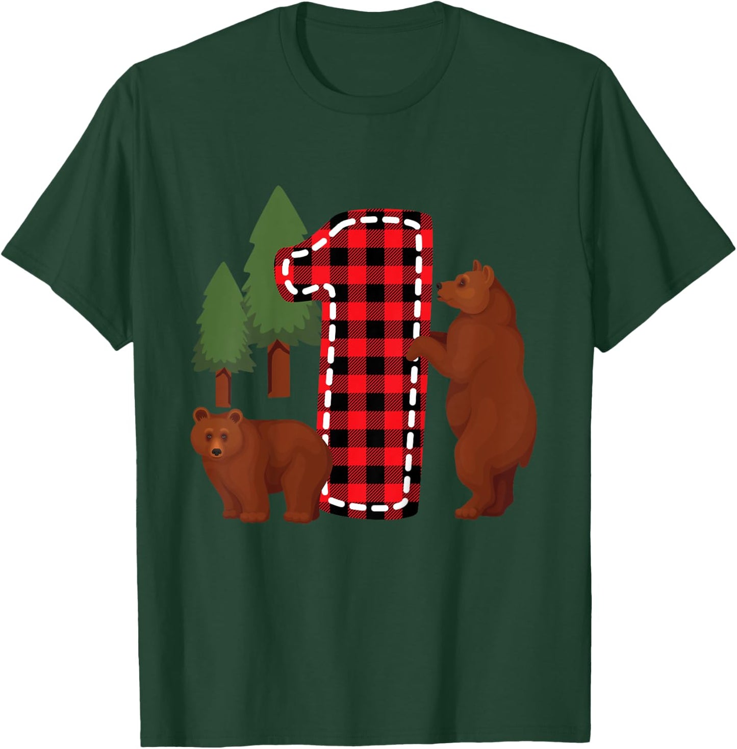 Kids 1 Year Old Lumberjack Birthday Party Bear Plaid Boy 1st Gift T-Shirt - T-Shirt | Forest