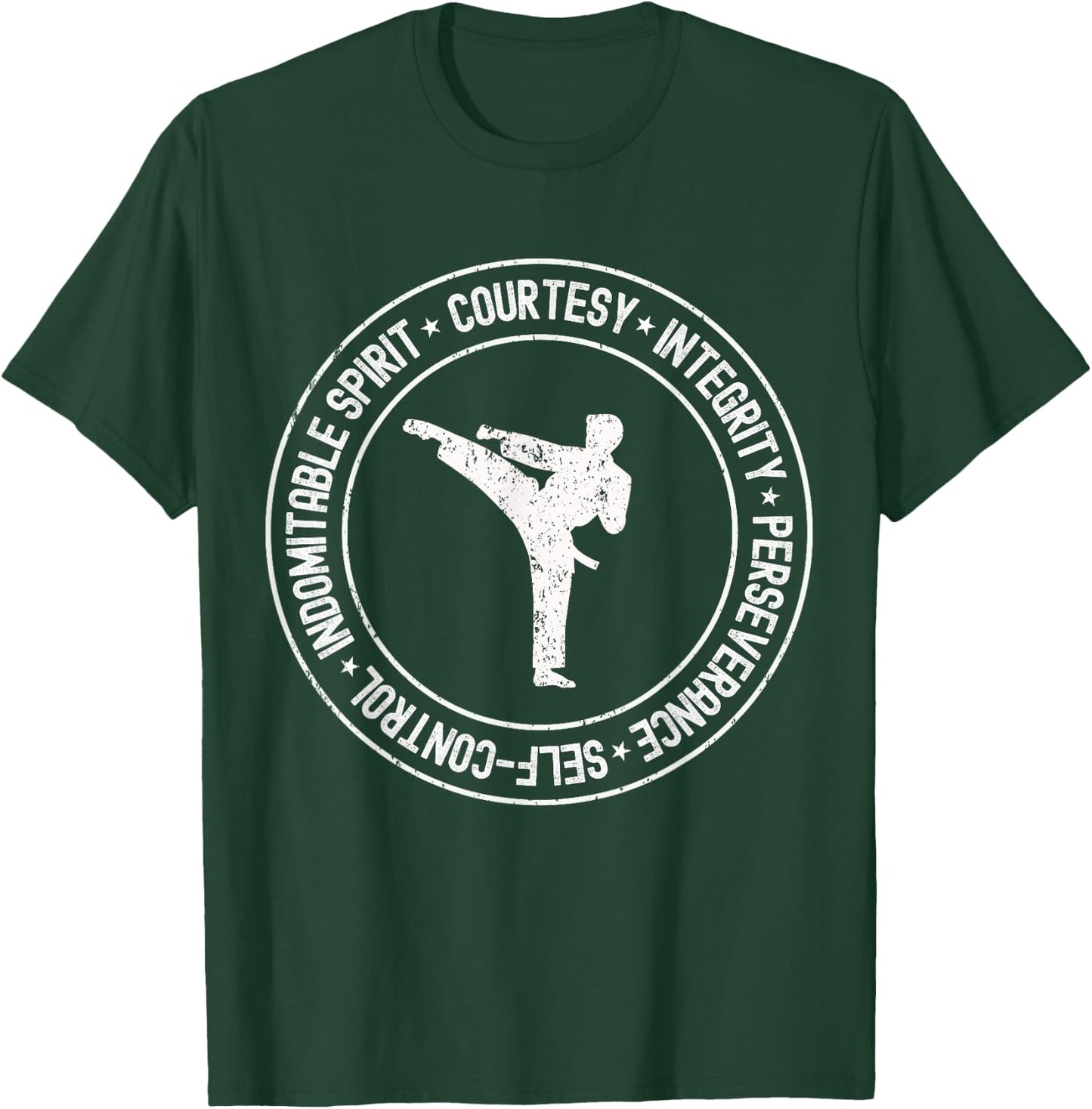 Distressed 5 Tenets of Taekwondo Taekwondo Kicking Outfit T-Shirt - T-Shirt | Forest