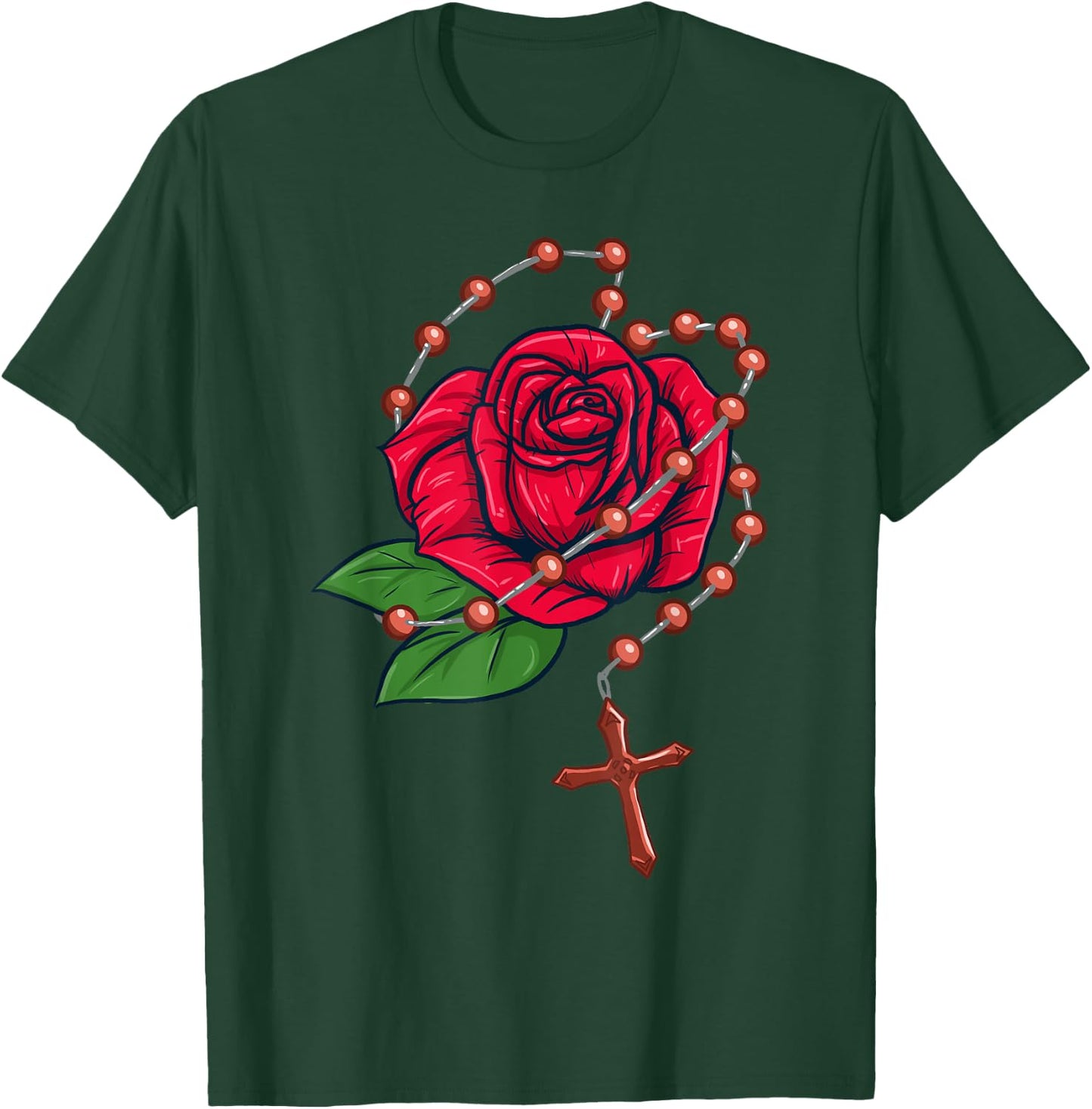 Rosary Beads & Rose - Catholic Pray The Rosary T-Shirt - T-Shirt | Forest