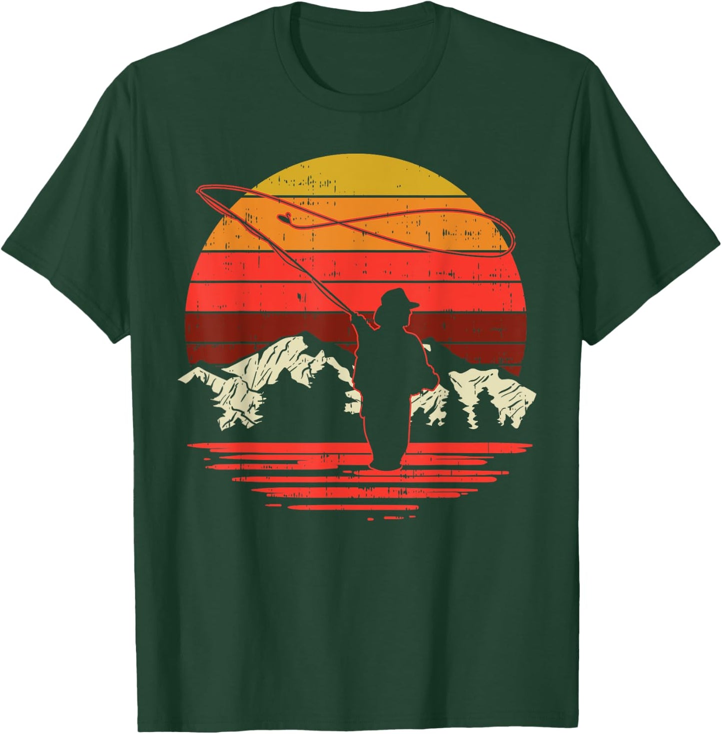 Fly Fishing Sunset Retro Trout Angling Fisherman Angler Gift T-Shirt - T-Shirt | Forest