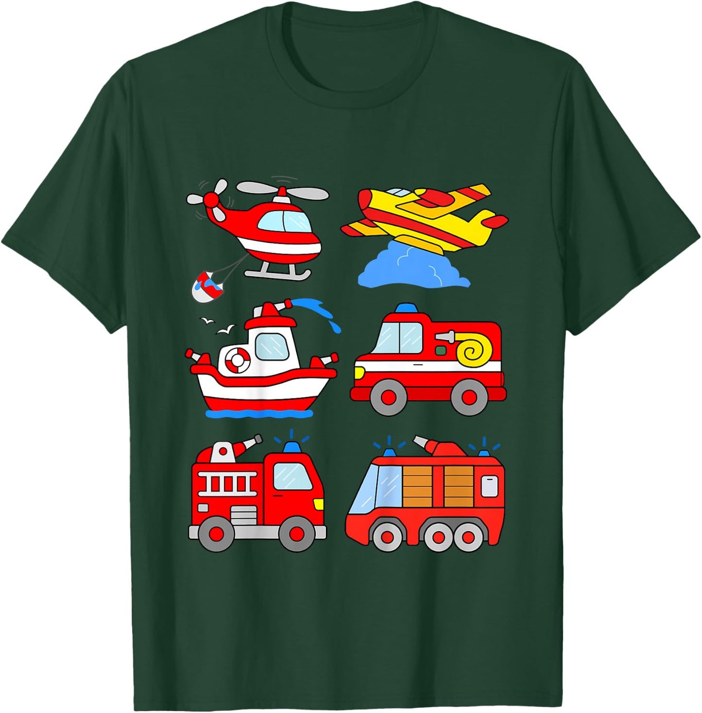 Kids Fire Engines Boys Toddlers Firefighter Boat Plane Helicopter T-Shirt - T-Shirt | Forest