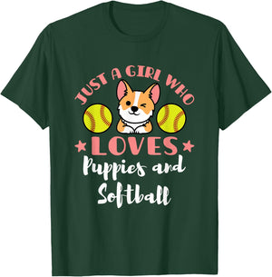 Just a Girl Who Loves Puppies and Softball T-Shirt - T-Shirt | Forest