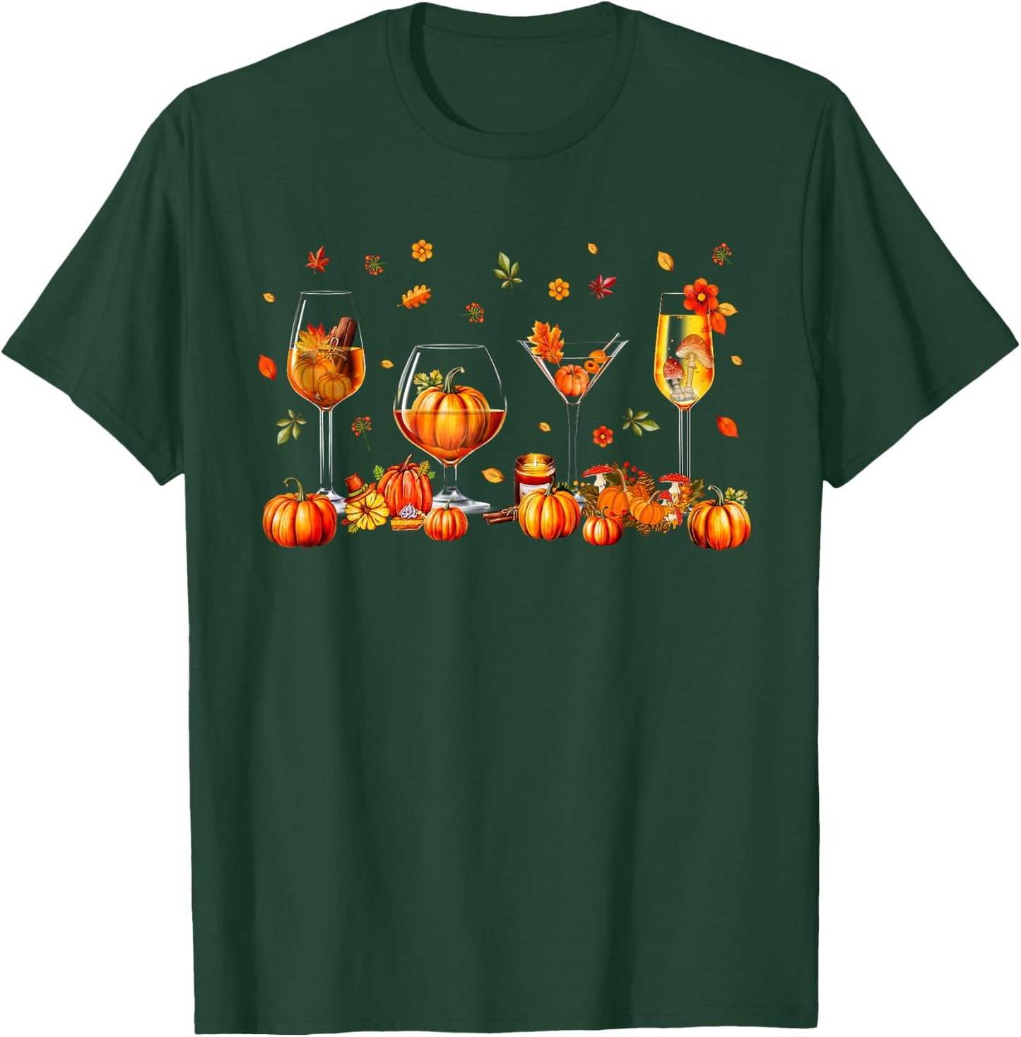 Wine Glasses Drinking Party Pumpkin Fall Season Thanksgiving T-Shirt - T-Shirt | Forest