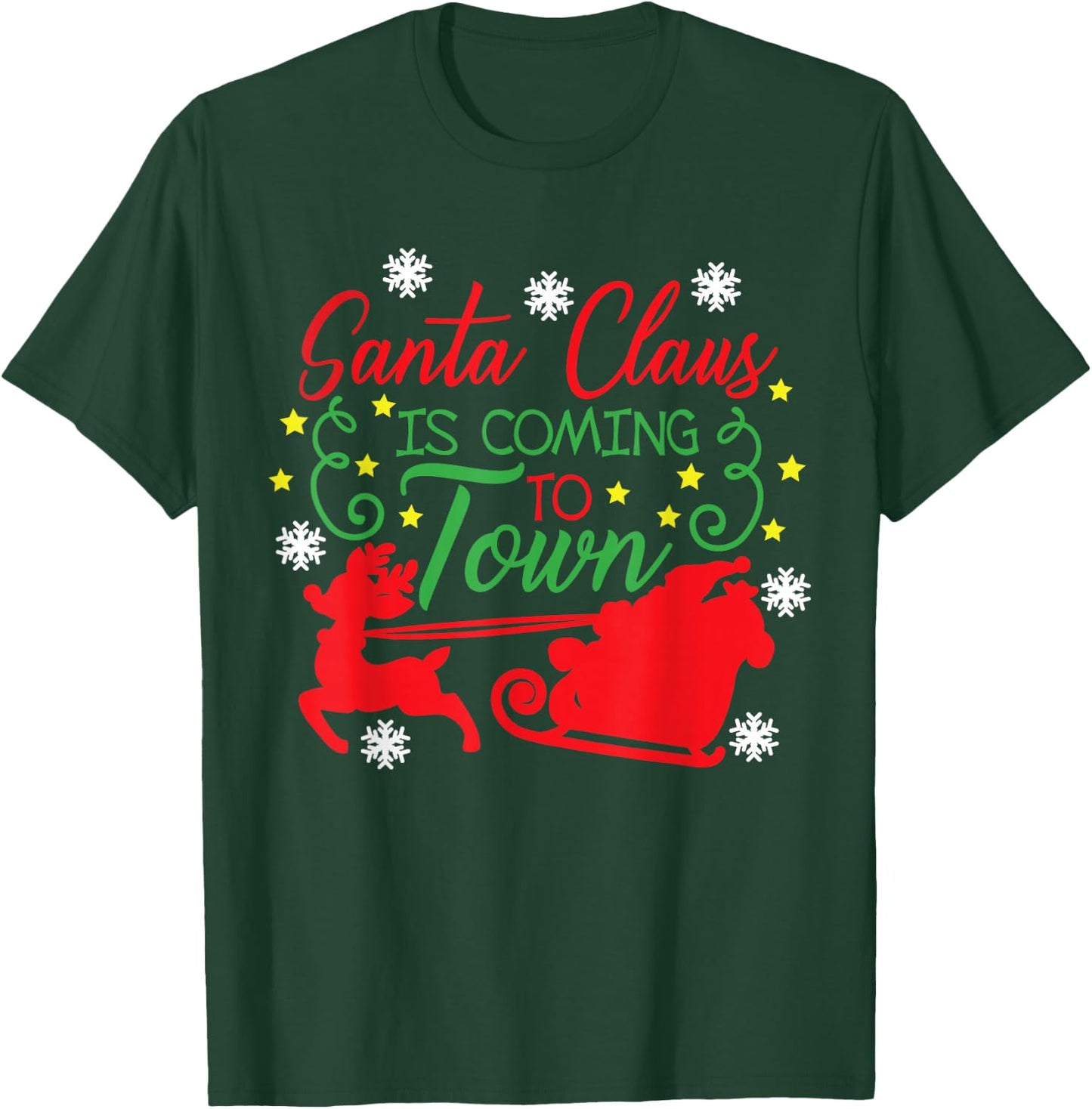 Santa Claus Is Coming To Town Flying Reindeer Snowflakes T-Shirt - T-Shirt | Forest