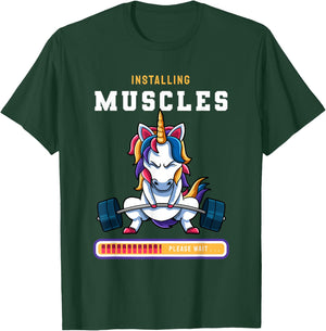 Funny Magical Unicorn Lifting Installing Muscles Loading App T-Shirt - T-Shirt | Forest