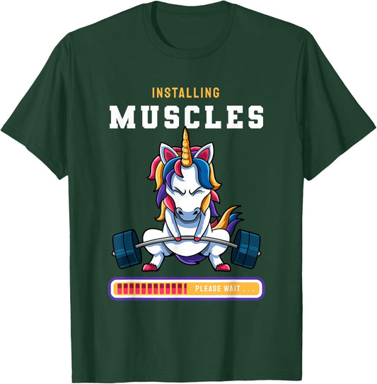 Funny Magical Unicorn Lifting Installing Muscles Loading App T-Shirt - T-Shirt | Forest