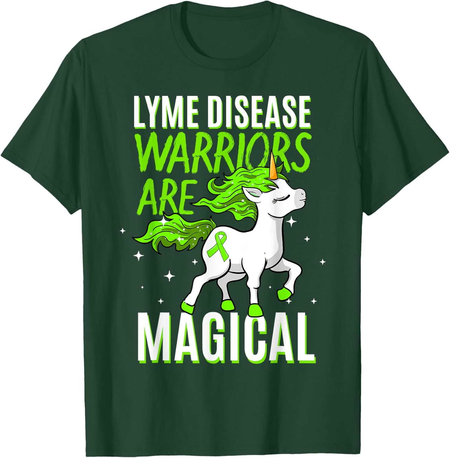 Lyme Disease Warrior Magical Unicorn Ticks Green Ribbon Gift T-Shirt - T-Shirt | Forest