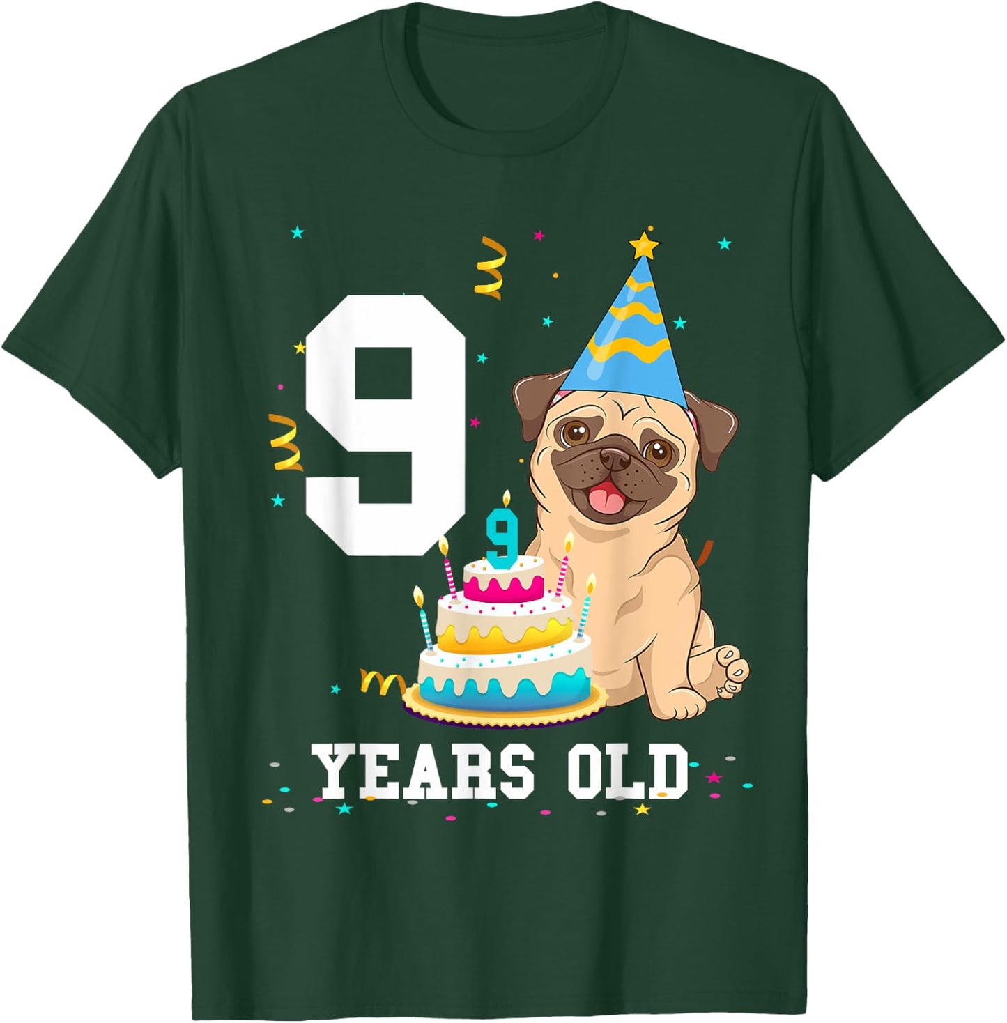 9 Years Old Birthday Pug Dog Lover Party Kids Boys Girls T-Shirt - T-Shirt | Forest