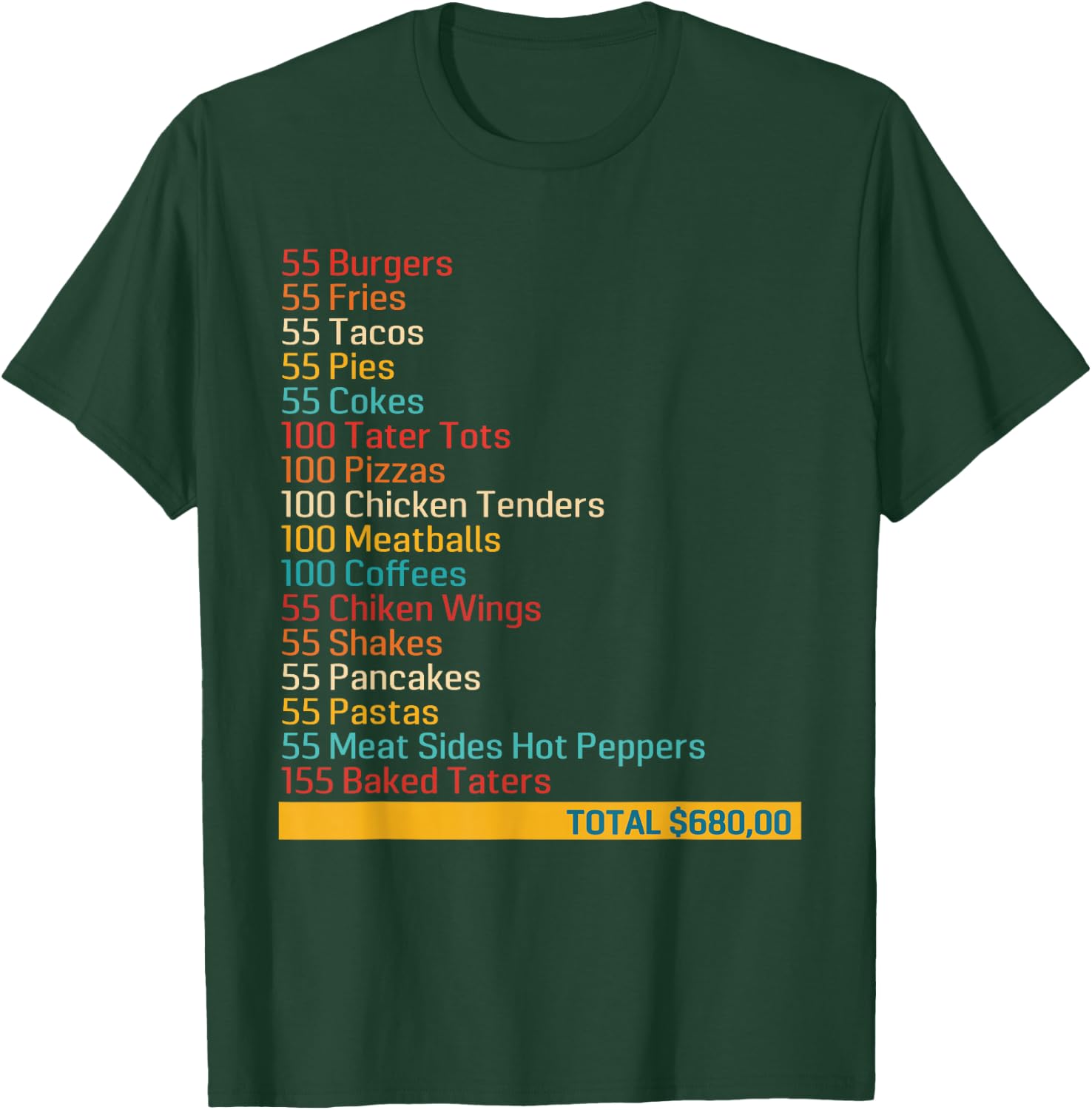 55 Burgers 55 Fries 55 Tacos 55 Pies 55 Cokes Funny Apparel T-Shirt - T-Shirt | Forest
