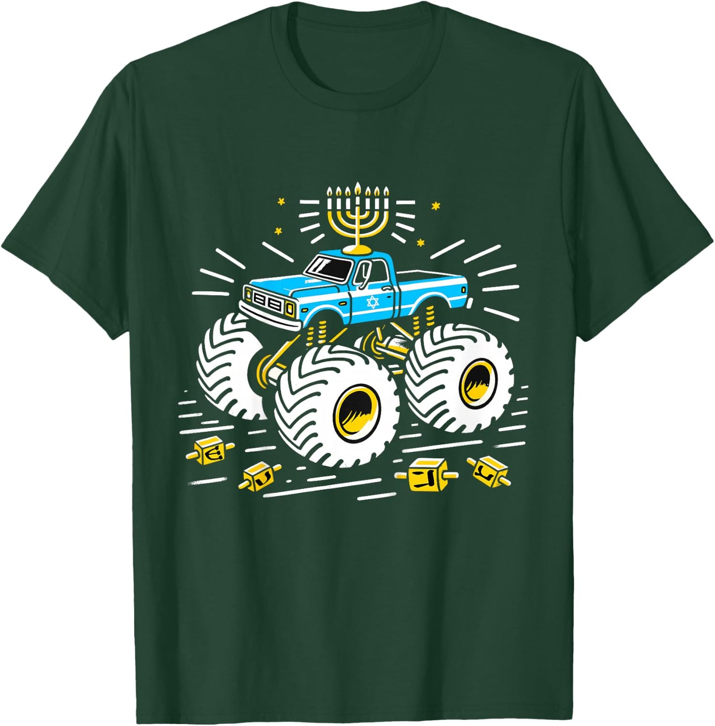 Kids Monster Truck Menorah Dreidel Toddler Boys Hanukkah PJs T-Shirt - T-Shirt | Forest