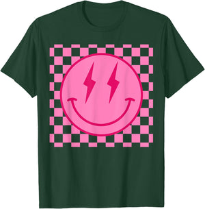 Retro Happy Face Shirt Checkered Pattern Smile Face Trendy T-Shirt - T-Shirt | Forest