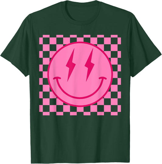 Retro Happy Face Shirt Checkered Pattern Smile Face Trendy T-Shirt - T-Shirt | Forest