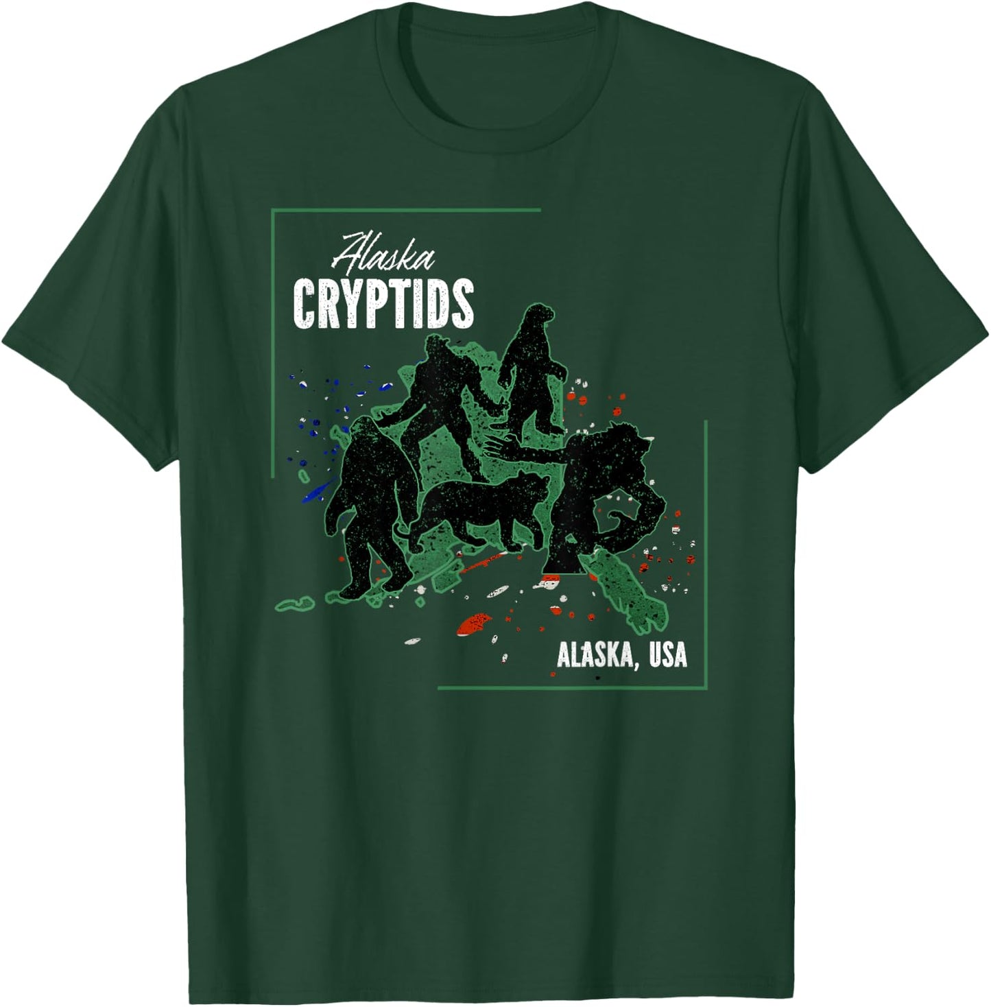 Cryptid Map of Alaska - The Otterman, Bigfoot, Giant, Tiger T-Shirt - T-Shirt | Forest