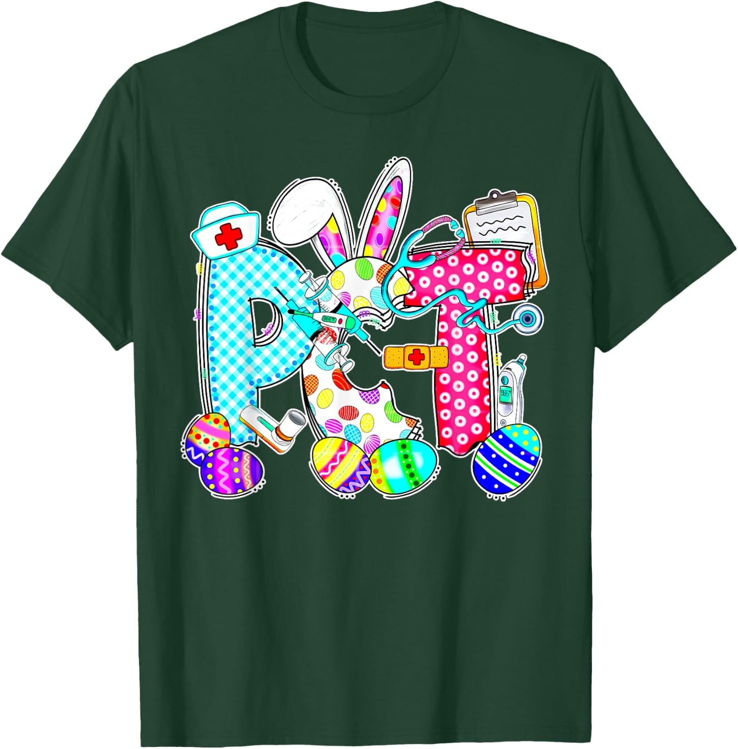 Retro PCT Patient Care Technician Bunny Egg Easter Day Nurse T-Shirt - T-Shirt | Forest