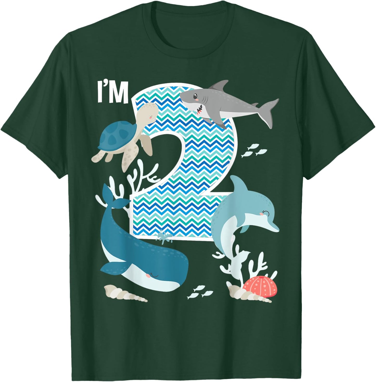 Kids 2 Year Old Ocean Life Whale Dolphin Shark 2nd Birthday T-Shirt - T-Shirt | Forest