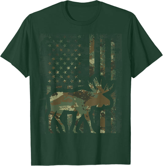 Camo American Flag Moose Hunting Gift Hunter Moose Lover T-Shirt - T-Shirt | Forest