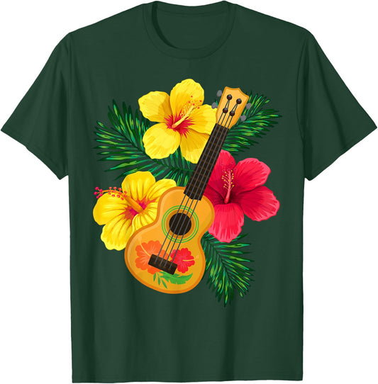 Hawaiian Ukulele Retro Uke Hibiscus T-Shirt - T-Shirt | Forest