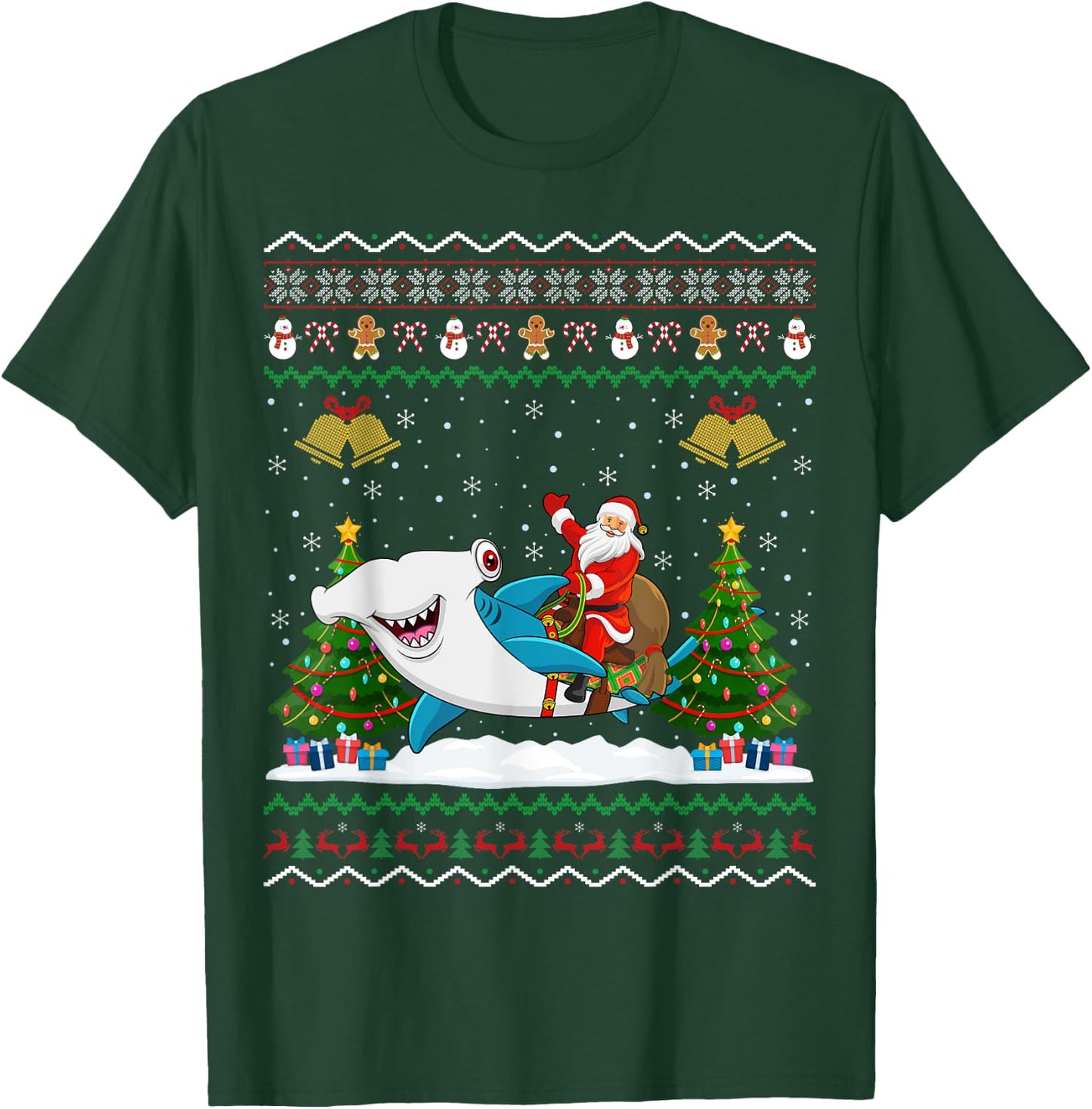 Ugly Hammerhead Shark Xmas Gift Santa Riding Shark Christmas T-Shirt - T-Shirt | Forest