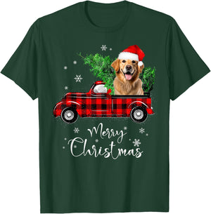 Golden retriever Dog Ride Red Truck Christmas Pajama T-Shirt - T-Shirt | Forest