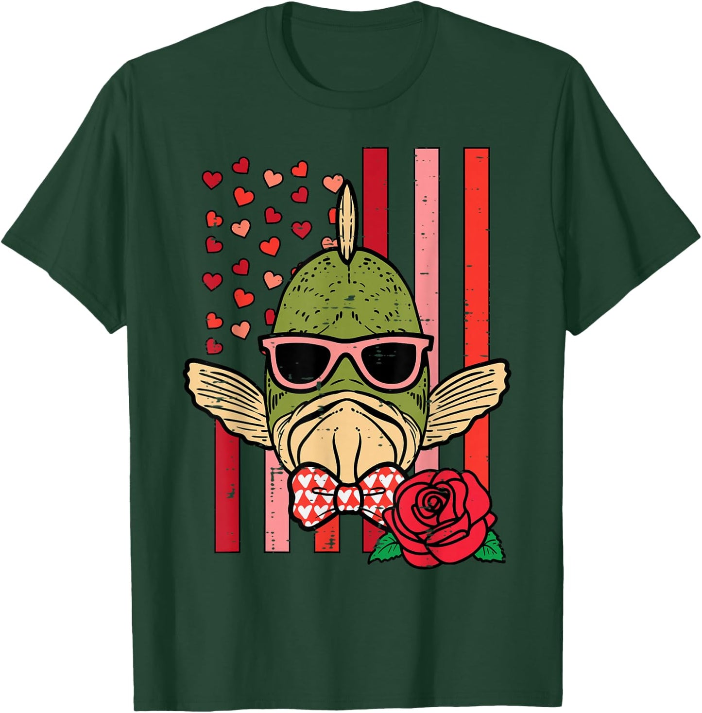 Valentines Day Fish US Flag Patriot Fisherman Men Women Kids T-Shirt - T-Shirt | Forest