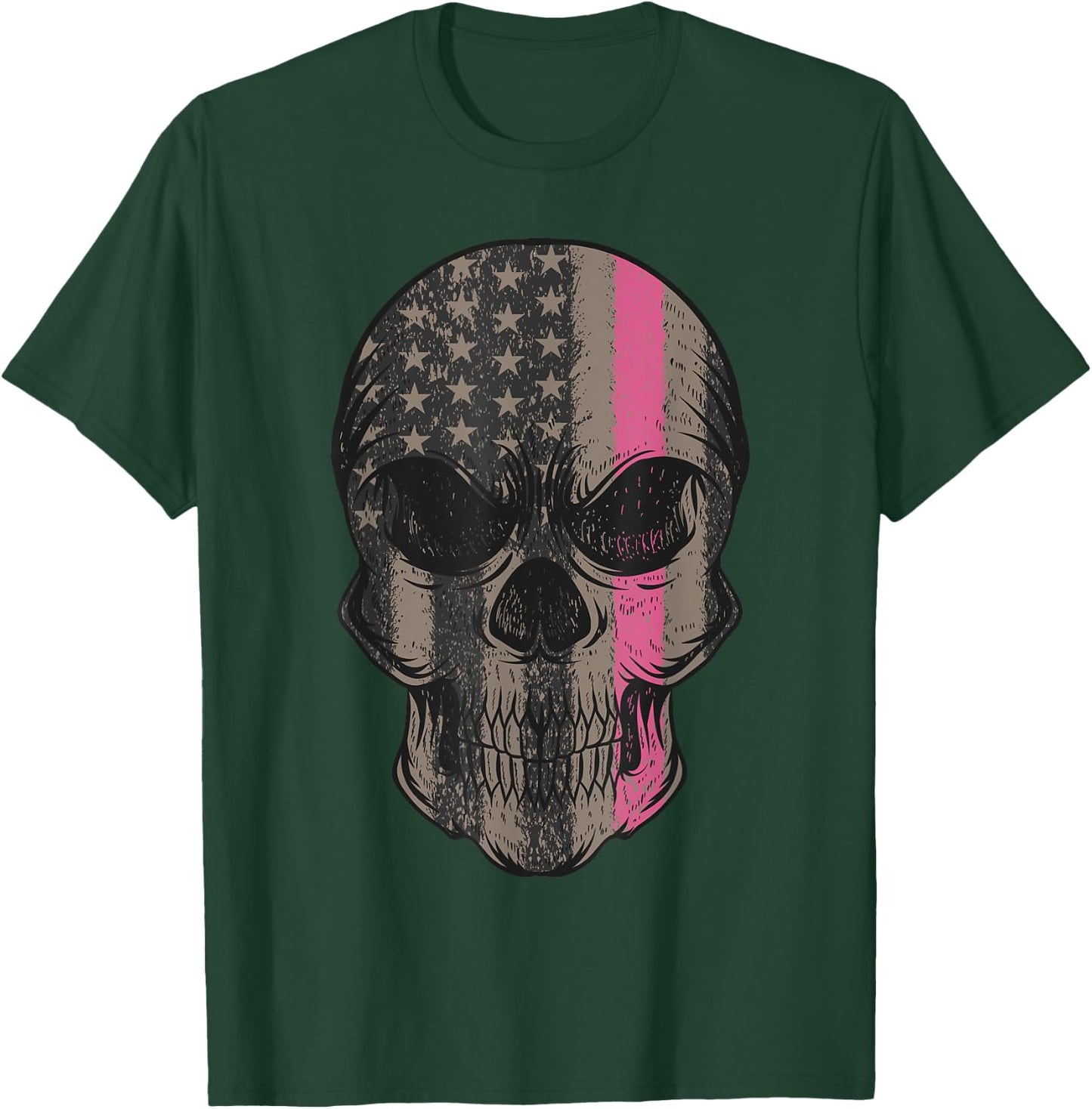 Thin Pink Line Breast Cancer Awareness American Flag Skull Women Men T-Shirt - T-Shirt | Forest