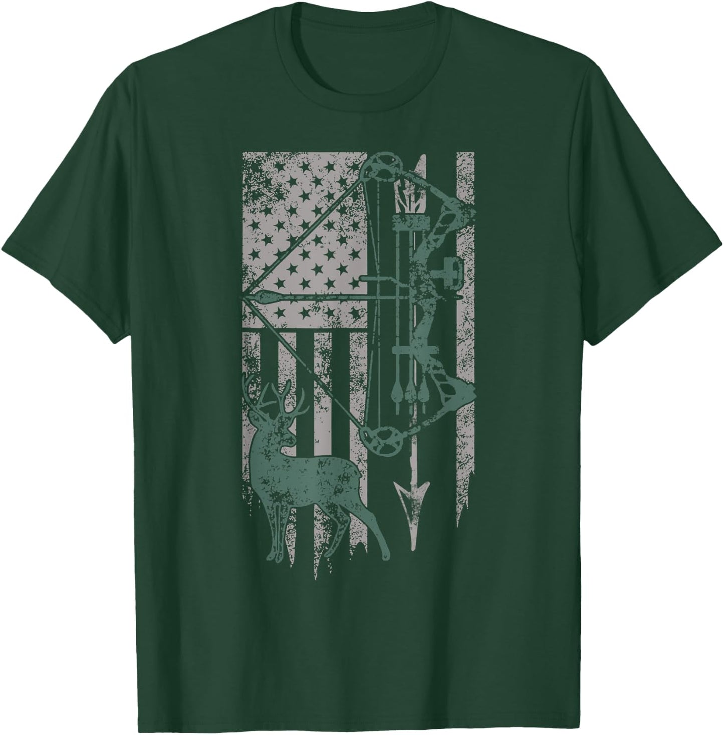 Deer Hunter Bow Vintage Distressed American Flag Patriotic Women Kids Men T-Shirt - T-Shirt | Forest