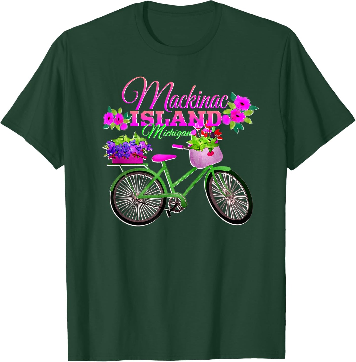 Mackinac Island Michigan Gift Vacation Vintage Bike Flowers T-Shirt - T-Shirt | Forest